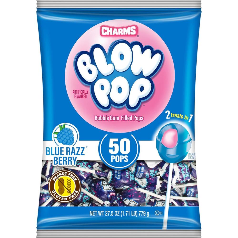 imageCharms Blow Pop Single Flavor Bag  Blue Raspberry Flavored Lollipops with a Bubble Gum Center  Individually Wrapped Hard Candy  Blue Candy  Peanut Free Gluten Free 50 Count Pack of 1