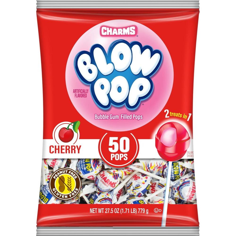 imageCharms Blow Pop Single Flavor Bag  Cherry Flavored Lollipops with a Bubble Gum Center  Individually Wrapped Hard Candy  Red Candy  Peanut Free Gluten Free 50 Count Pack of 1