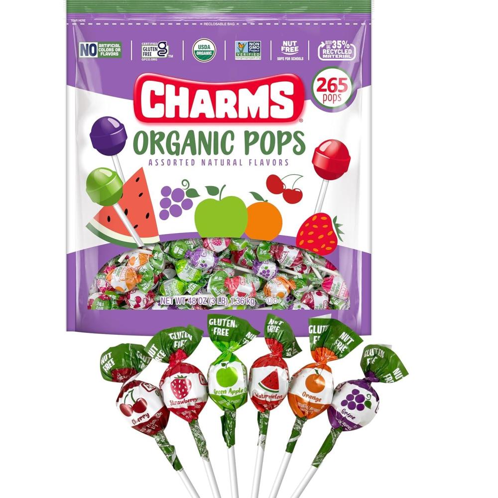 imageCharms Organic Pops 265 Count  USDA Organic Fruit Candy Lollipops Made with All Natural Flavors and Ingredients  DyeFree Gluten Free NonGMO 3 lb Resealable Bag