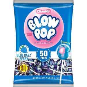 Charms Blow Pop Single Flavor Bag – Blue Raspberry Flavored Lollipops with a Bubble Gum Center – Individually Wrapped Hard Candy – Blue Candy – Peanut Free, Gluten Free, 50 Count (Pack of 1)
