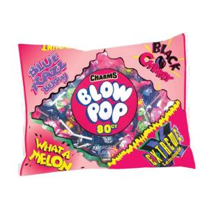 Charms Blow Pops 4 Flavor Assortment, Includes Blue Razzbery, Black Cherry, What A Melon, and Extreme Lemonade Assortment, 80 Count Bag(80 Count (Pack of 1))